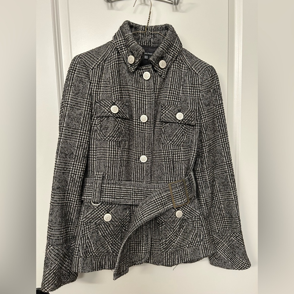 Zara Basic Black and White Checkered Plaid Woolen Cape Jacket Buttons Pockets M